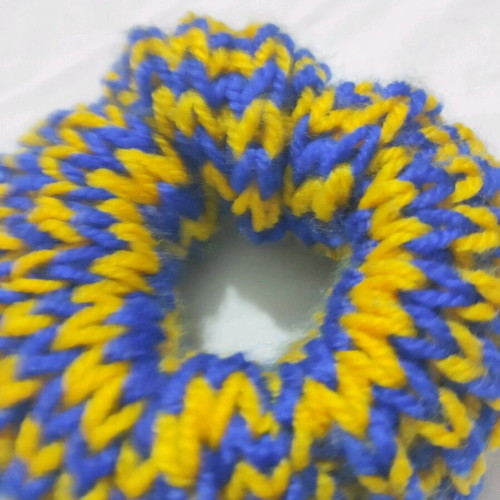Handmade knitted scrunchie new, blue and yellow