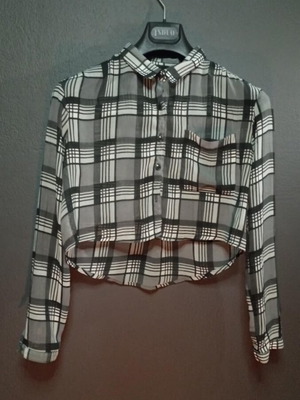 Women's crop shirt plaid sheer like new, size S, black gray