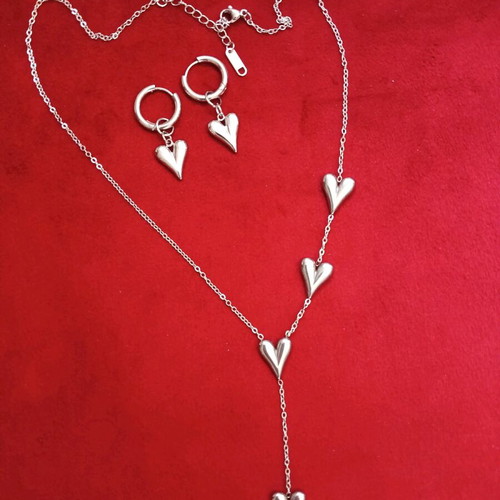 Necklace and earrings set heart-shaped stainless steel new, silver