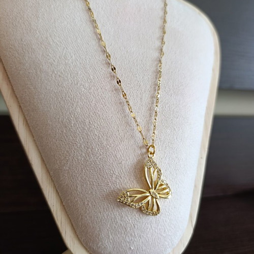 Butterfly necklace with zircon, like new, stainless steel, gold color