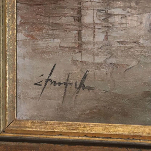 Stamatina Marnezou Seascape Painting with Boats signed, like new