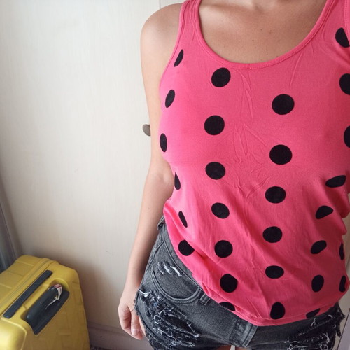 Pink top with black polka dots, size M
