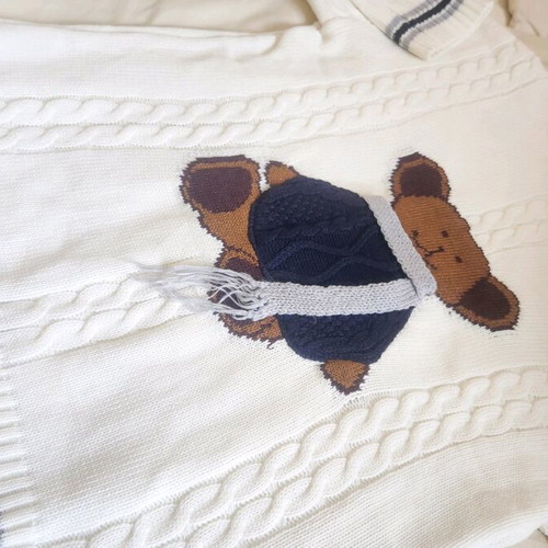 Cotton cable knit sweater with teddy bear, like new, navy and white
