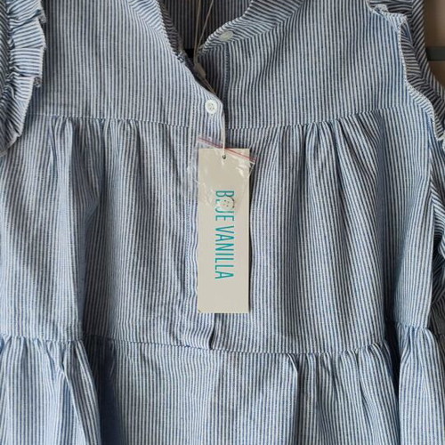 Blue Vanilla blouse shirt with open shoulders and ruffles, new, size S