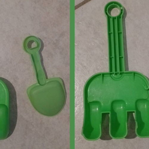 Beach toy set: plastic wheelbarrow, shovel, rake, small excavator