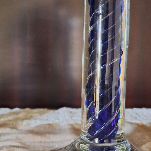 Glass candlestick vintage with distinctive blue twisted detail