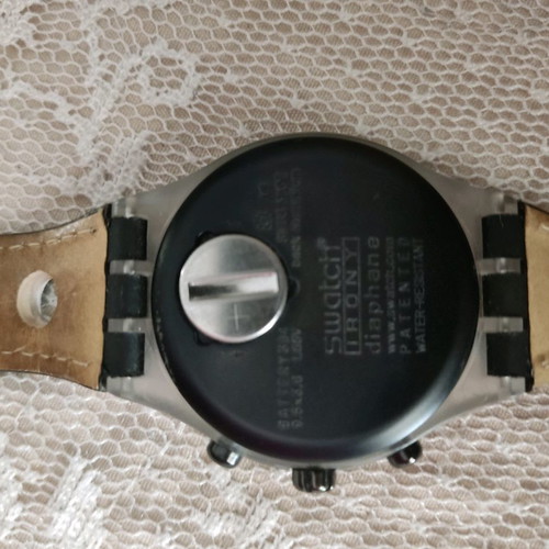 Swatch Irony Black Cup watch used with black leather strap