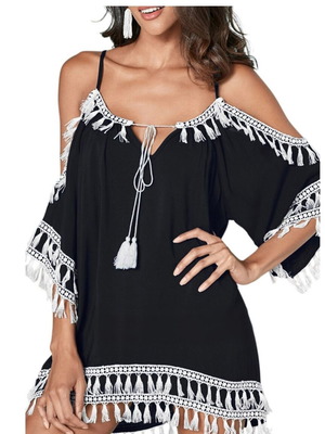 Beez Women Thin Strap Tassel Loose Blouse new, black