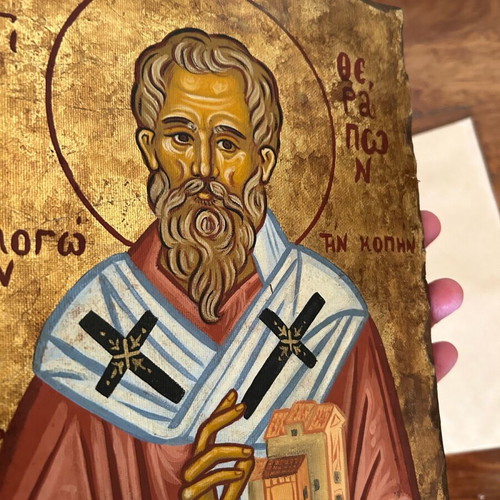 Christian image canvas on wood handmade Saint Therapon like new