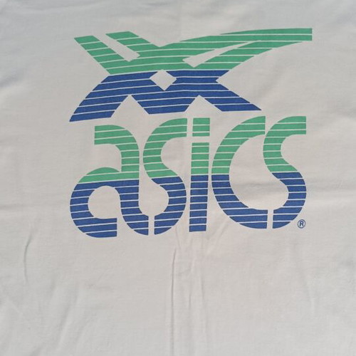 Vintage Asics 90s graphic t-shirt, white with green and blue sleeves