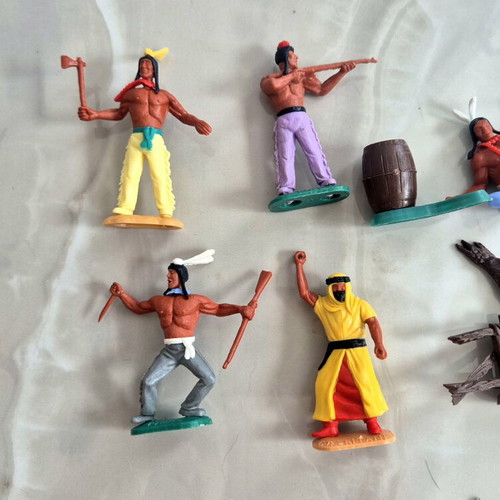 Timpo Cowboys and Indians set used with canoe, tent, totem, and figures