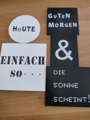Wooden wall tiles with German words like new