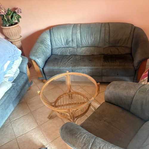 Vintage sofa set 3 pieces leather with rattan, like new