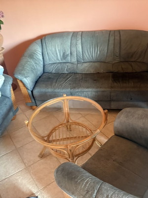 Vintage sofa set 3 pieces leather with rattan, like new