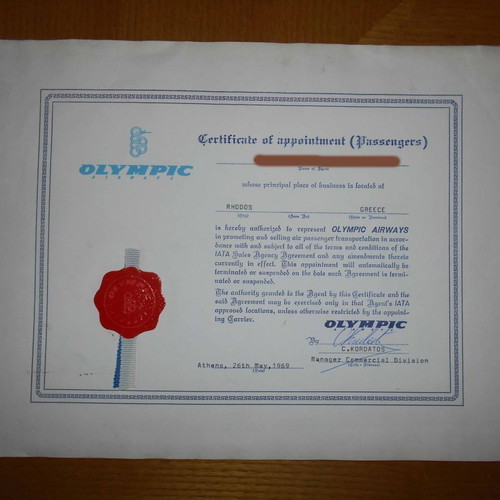 Olympic Airways Certificate of Quality Service used, 1968