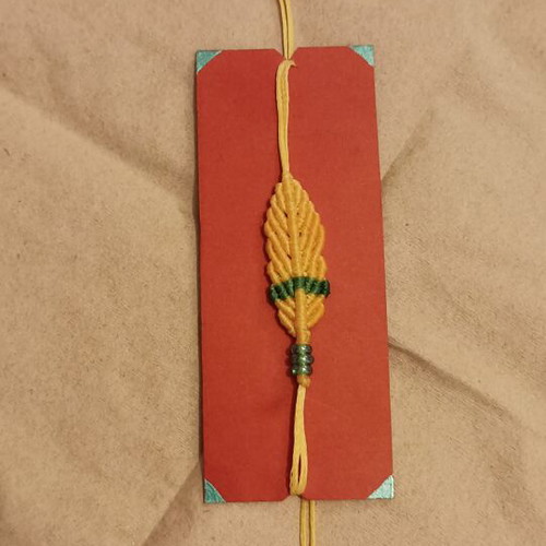 Macrame bracelet feather design new, green and yellow colors