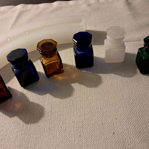 Glass jars with lid vintage dental set on base with beautiful colors like new
