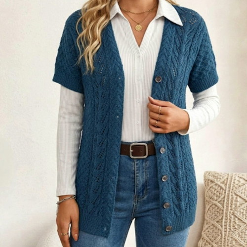 Handmade knitted short sleeve cardigan turquoise, new, size S-M