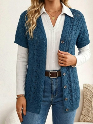 Handmade knitted short sleeve cardigan turquoise, new, size S-M