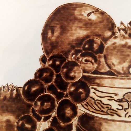Still life pyrography painting on linden wood by Triantafyllos Xanthopoulos