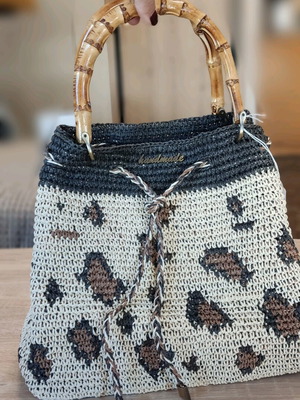 Knitted straw bag leopard with bamboo handles handmade new