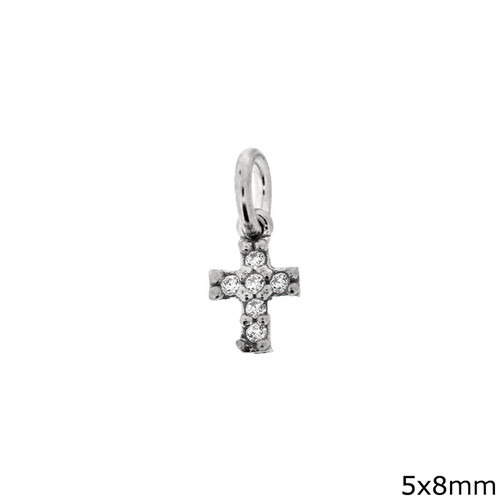 Silver Pendant 925 Cross 5x8mm Rhodium White Stone New