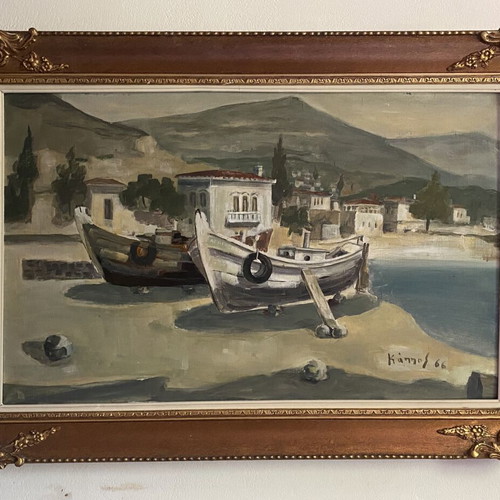 Frangiskos Kappos Oil Painting Used, Aegina Landscape 65x95 cm