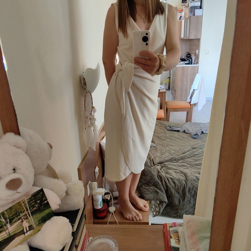 H&M midi dress with wrap front and V-neck, beige white