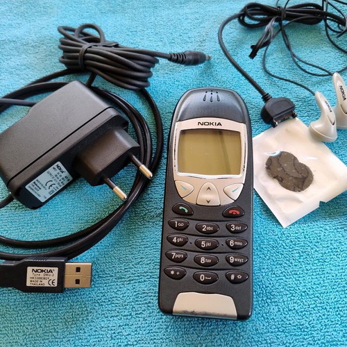Nokia 6210 mobile phone used with new battery, USB cable and wired headset