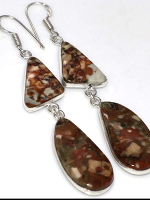 Long Picture Jasper Earrings 3" silver plated, new
