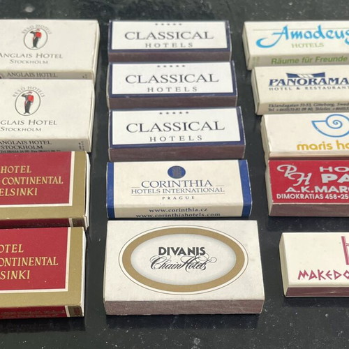 Vintage collection of 14 matchboxes from luxury hotels Greece and abroad like new