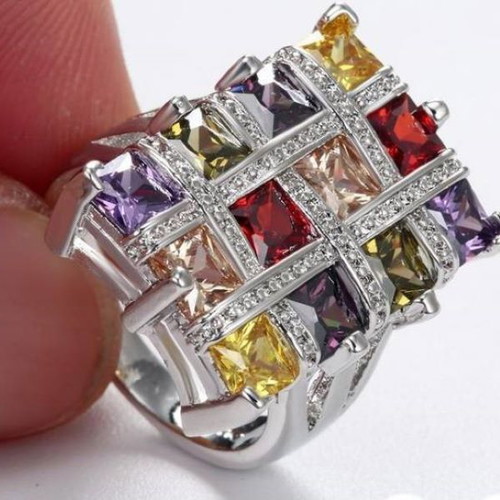Ring with Colorful Cubic Zirconia New, Silver Plated Metal