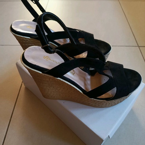Stefania platform sandals black genuine leather with beige wedge and ankle strap