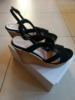 Stefania platform sandals black genuine leather with beige wedge and ankle strap