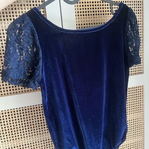Chatton Velvet Bodysuit Blue New, Open Back with Lace Sleeves