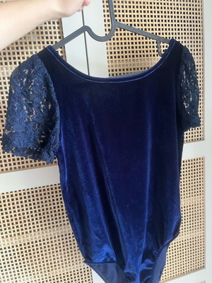 Chatton Velvet Bodysuit Blue New, Open Back with Lace Sleeves