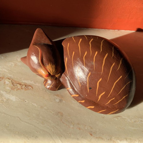Wooden Handmade Sleeping Cat Figurine