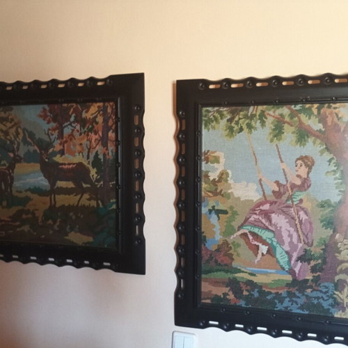 Vintage Handmade Embroidered Gobelin Frames Set of 2, Deer in Forest