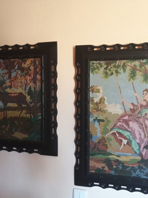 Vintage Handmade Embroidered Gobelin Frames Set of 2, Deer in Forest