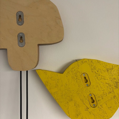 Decorative figures for kids' room new, cork mushroom and yellow wooden bird