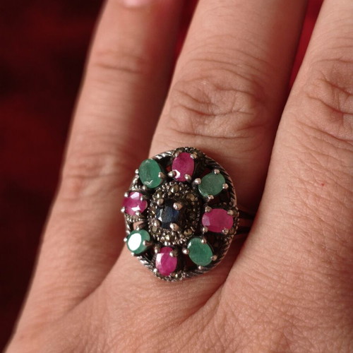 Vintage handmade 925 silver jewelry set with emeralds, rubies, sapphires & marcasite