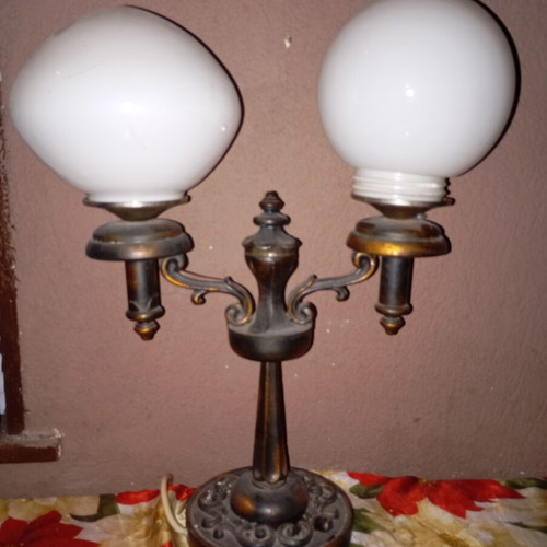 Vintage brass table lamp with two globe shades used, authentic handmade