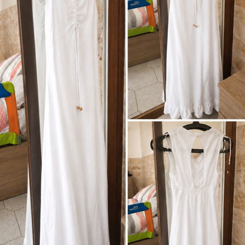 Maxi white dress like new, size M/L, v-neck, lightweight fabric