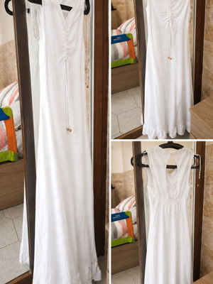 Maxi white dress like new, size M/L, v-neck, lightweight fabric