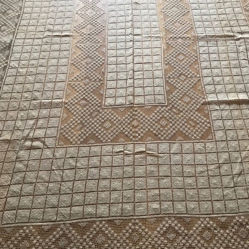 Venetian style embroidery tablecloth used, large, antique