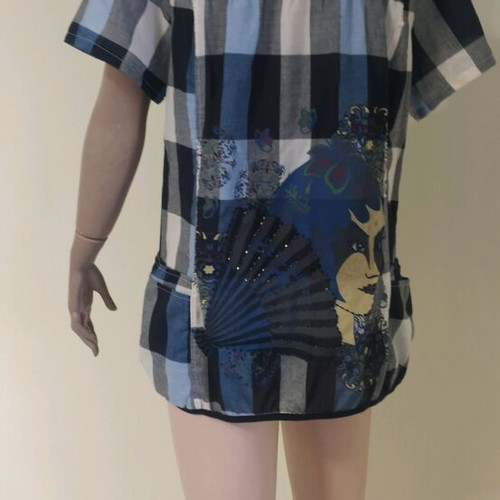 Women's checked shirt with embroidery and short sleeves, new