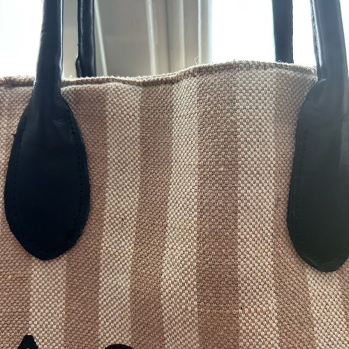 La Carrie large tote bag used, beige striped canvas with leather handles