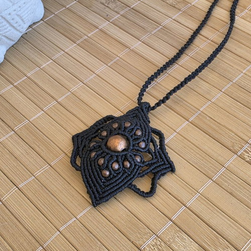 Macrame necklace handmade black like new with brass beads