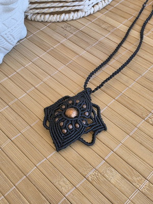 Macrame necklace handmade black like new with brass beads