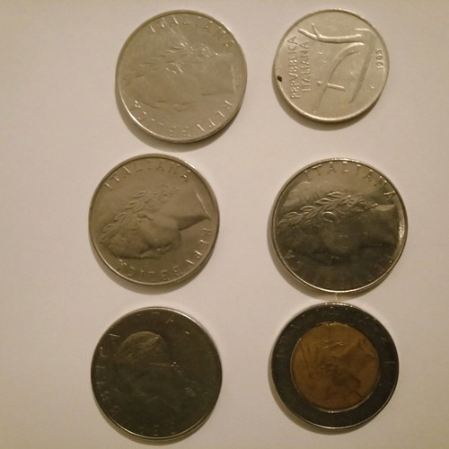 Italian coins used, lot of six lire from 1963 to 1988